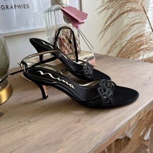 Nina elegant black strappy satin kitten heel ankle strap beadwork women7.5